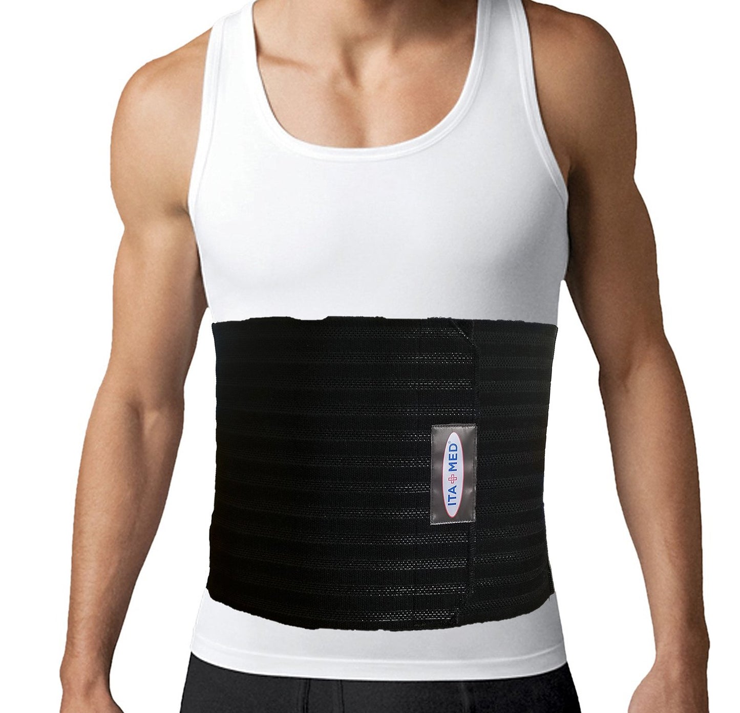 ITA-MED Men's Breathable Elastic Abdominal Binder for Post-Surgery Recovery & Umbilical Hernia Support, 9” Wide, Body-Shaping Effect, Made in USA, Black (Large)
