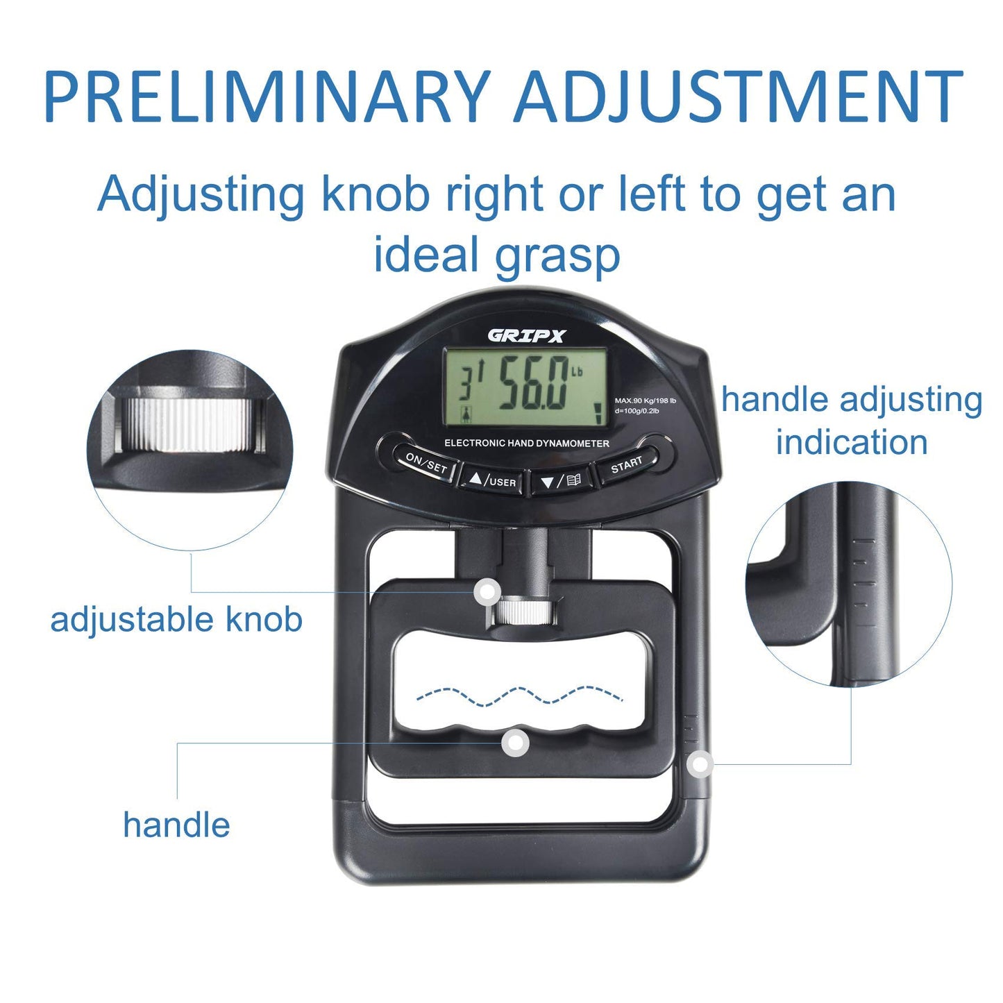 GRIPX Digital Hand Dynamometer Grip Strength Measurement Meter Auto Capturing Electronic Hand Grip Power 198Lbs / 90Kgs