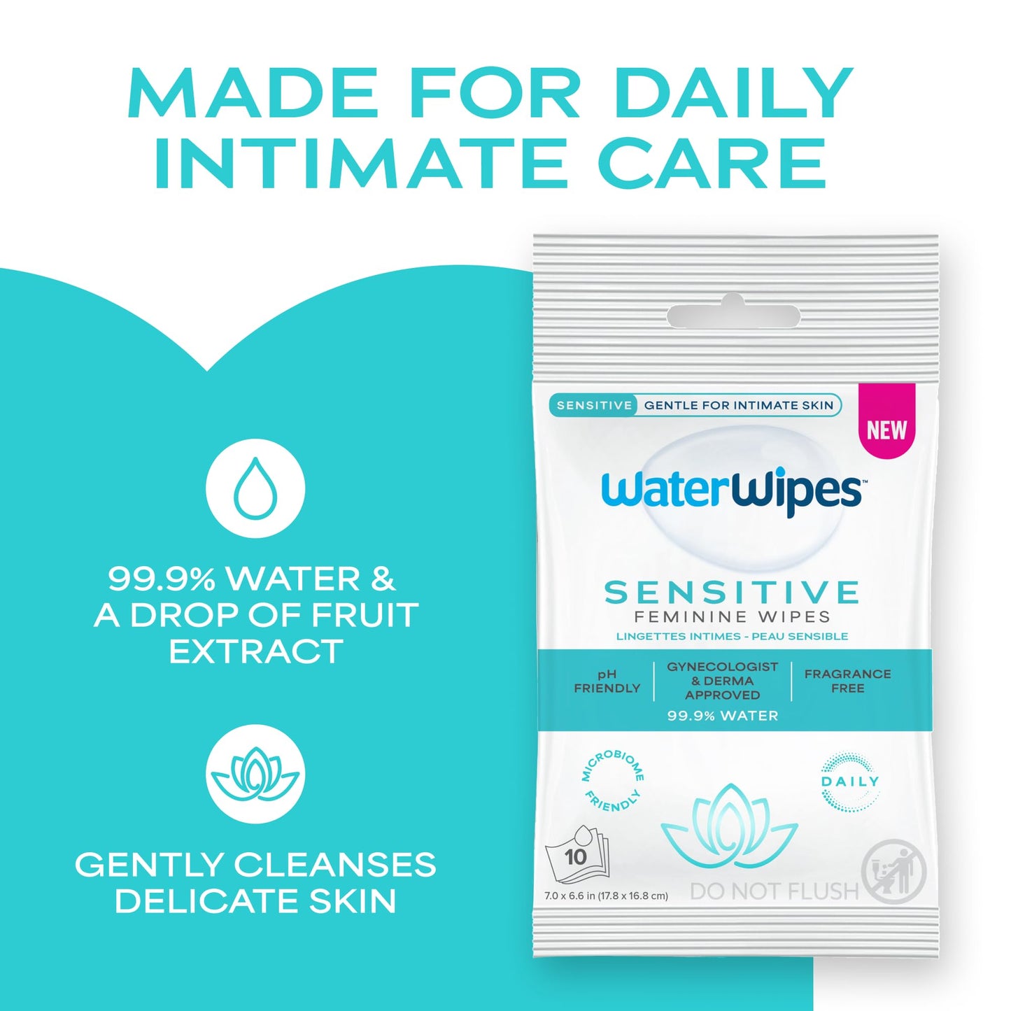 WaterWipes Sensitive Feminine Wipes, 99.9% Purified Water, pH Friendly for Daily Intimate Care, Gynecologist Approved, Fragrance Free, 50 Count (5 Packs)