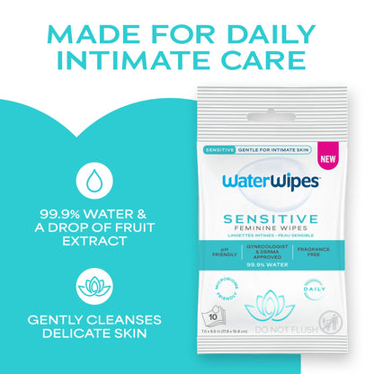 WaterWipes Sensitive Feminine Wipes, 99.9% Purified Water, pH Friendly for Daily Intimate Care, Gynecologist Approved, Fragrance Free, 50 Count (5 Packs)