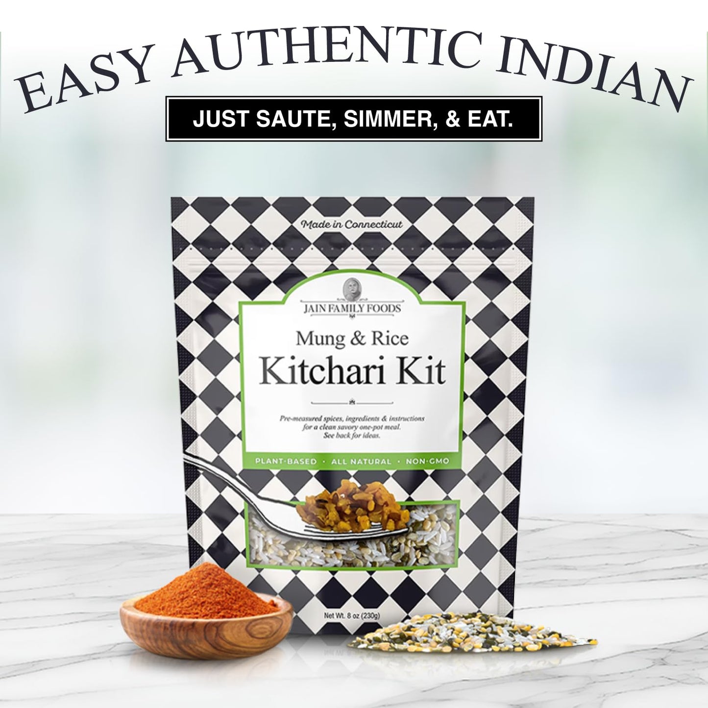 Jain Family Foods Mung Rice Khichdi Kitchari Kit | Authentic Indian Meal Kit with Spiced Yellow Lentils | Plant Based, Gluten-Free, High Fiber | Easy One Pot Dinner, Instant Pot Friendly | Serves 3