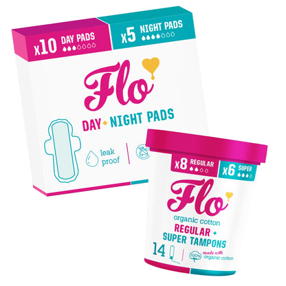 FLO Bamboo Pads (10 Day + 5 Night) + Tampons (8 Regular + 6 Super) Starter Bundle