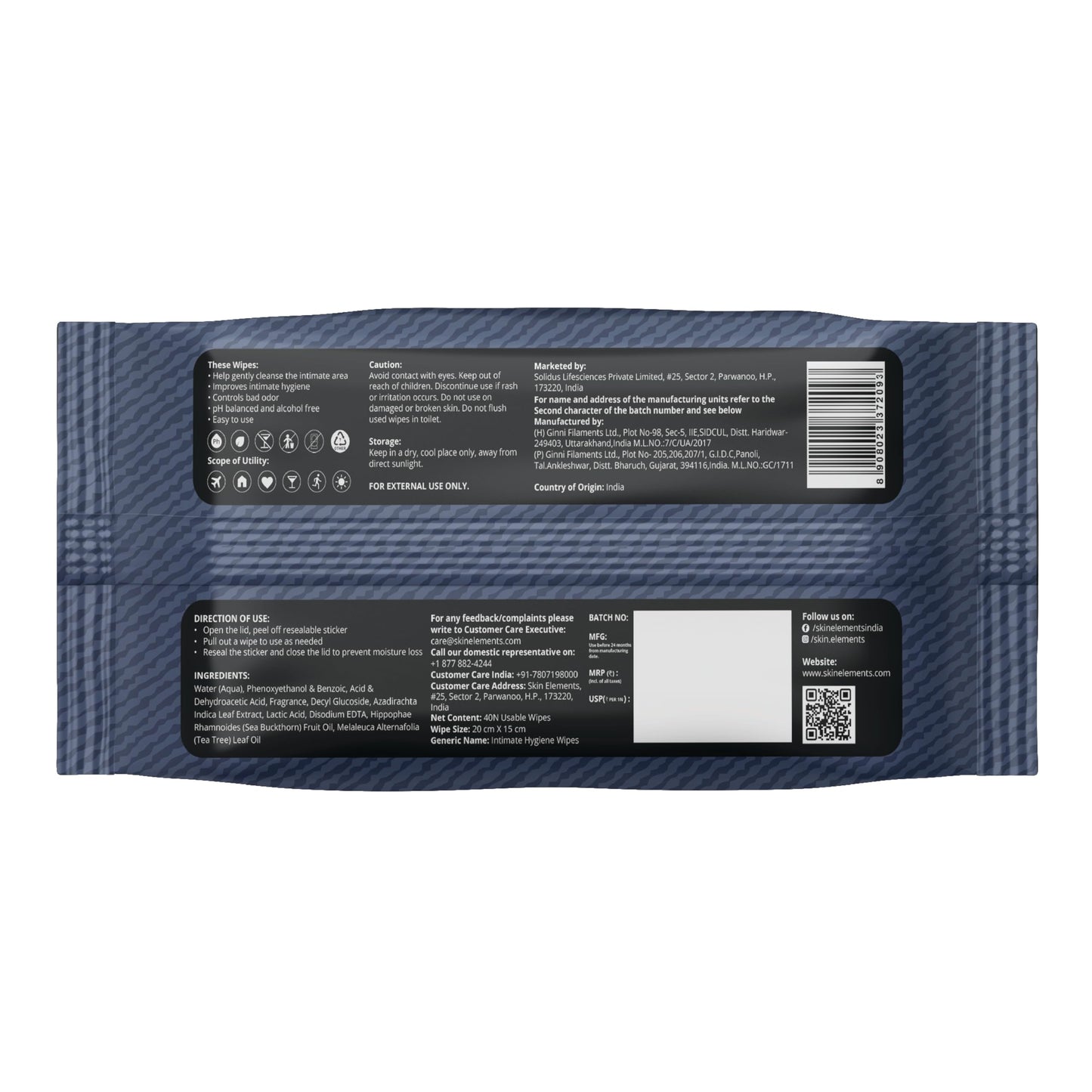Skin Elements Intimate Hygiene Wipes | Unisex | pH Balanced Wet Wipes | Tea Tree Oil & Neem Extracts | 40 Intimate Hygiene Wet Wipes | For Pre and Post Intimacy