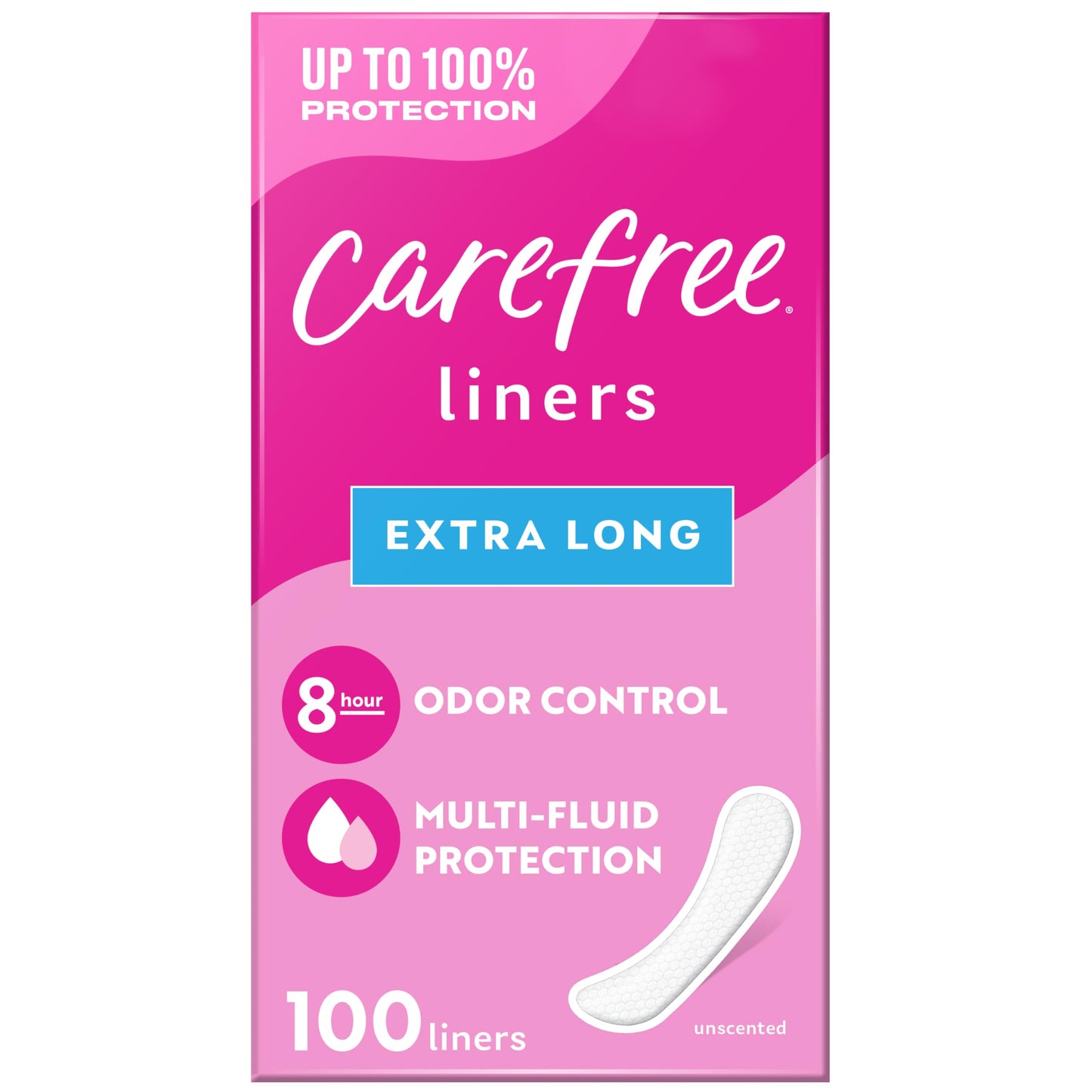 Carefree Panty Liners, Extra Long Liners, Unwrapped, Unscented, 100ct