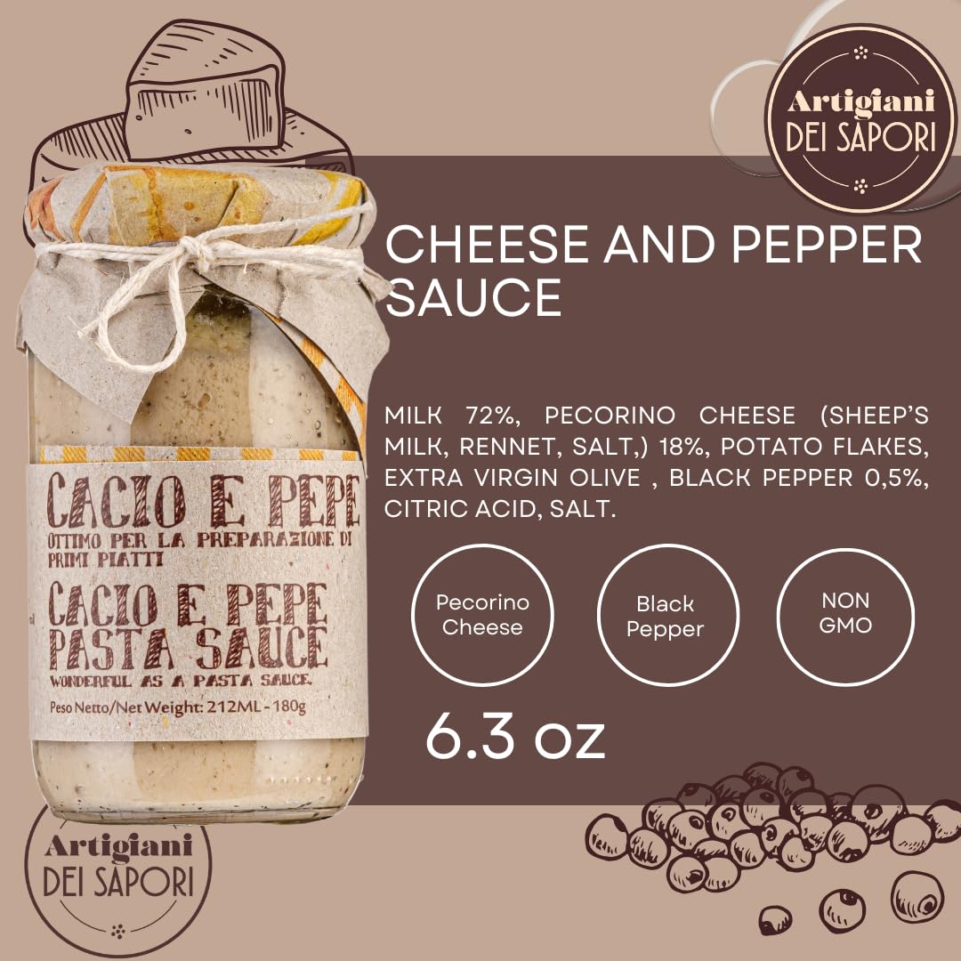 ARTIGIANI DEI SAPORI - Creamy Cheese and Pepper Pasta Sauce Jar, 6.3 oz. cacio e pepe, Product of Italy