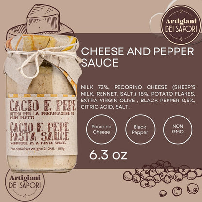 ARTIGIANI DEI SAPORI - Creamy Cheese and Pepper Pasta Sauce Jar, 6.3 oz. cacio e pepe, Product of Italy