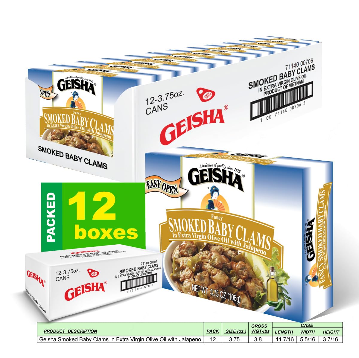 GEISHA Smoked Baby Clams in Extra Virgin Olive Oil with Jalapeno 3.75oz (Pack of 12), Baby Clams| Gluten Free – No Sugar Added – Wild Caught – Good Source of Protein