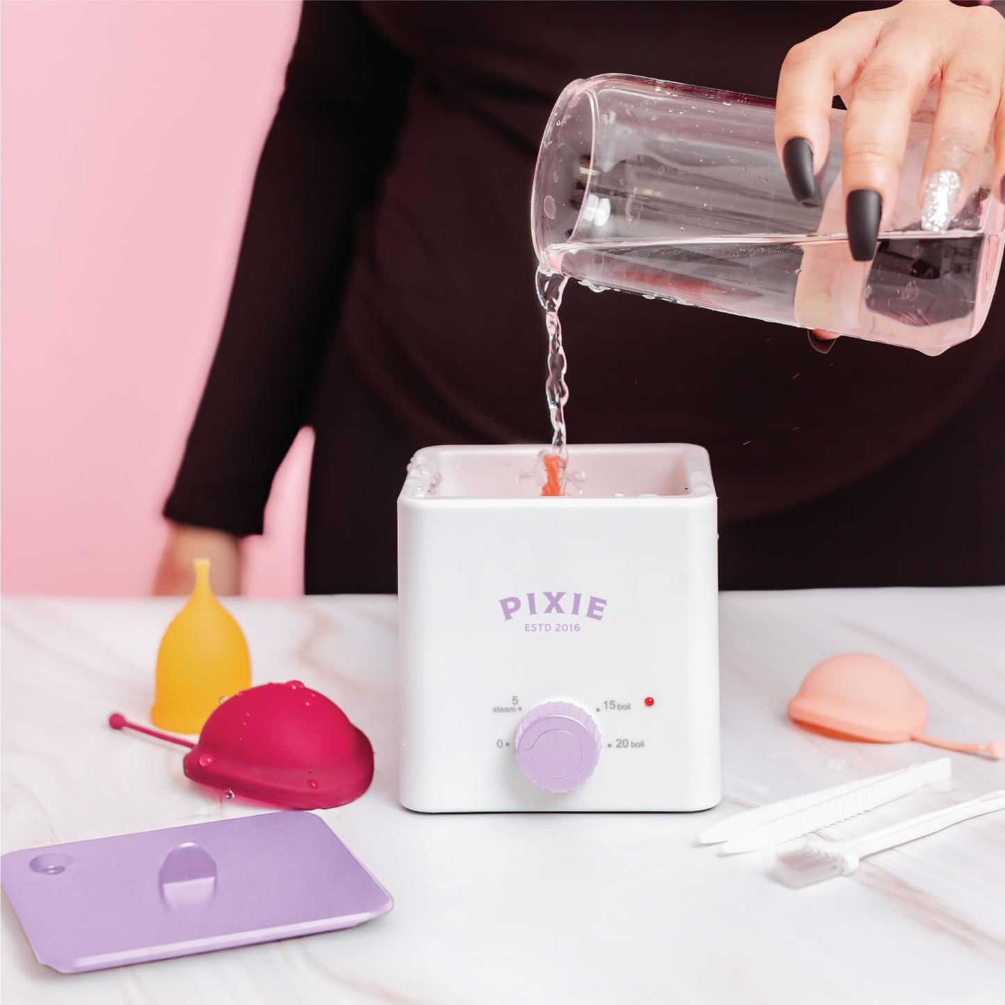 Pixie Menstrual Cup & Disc Boiler Sterilizer - Easily Clean Your Period Cup in Boiling Water! Kills 99.9% of Germs with Cleaner Solution for Feminine Care - FSA Eligible and HSA Eligible