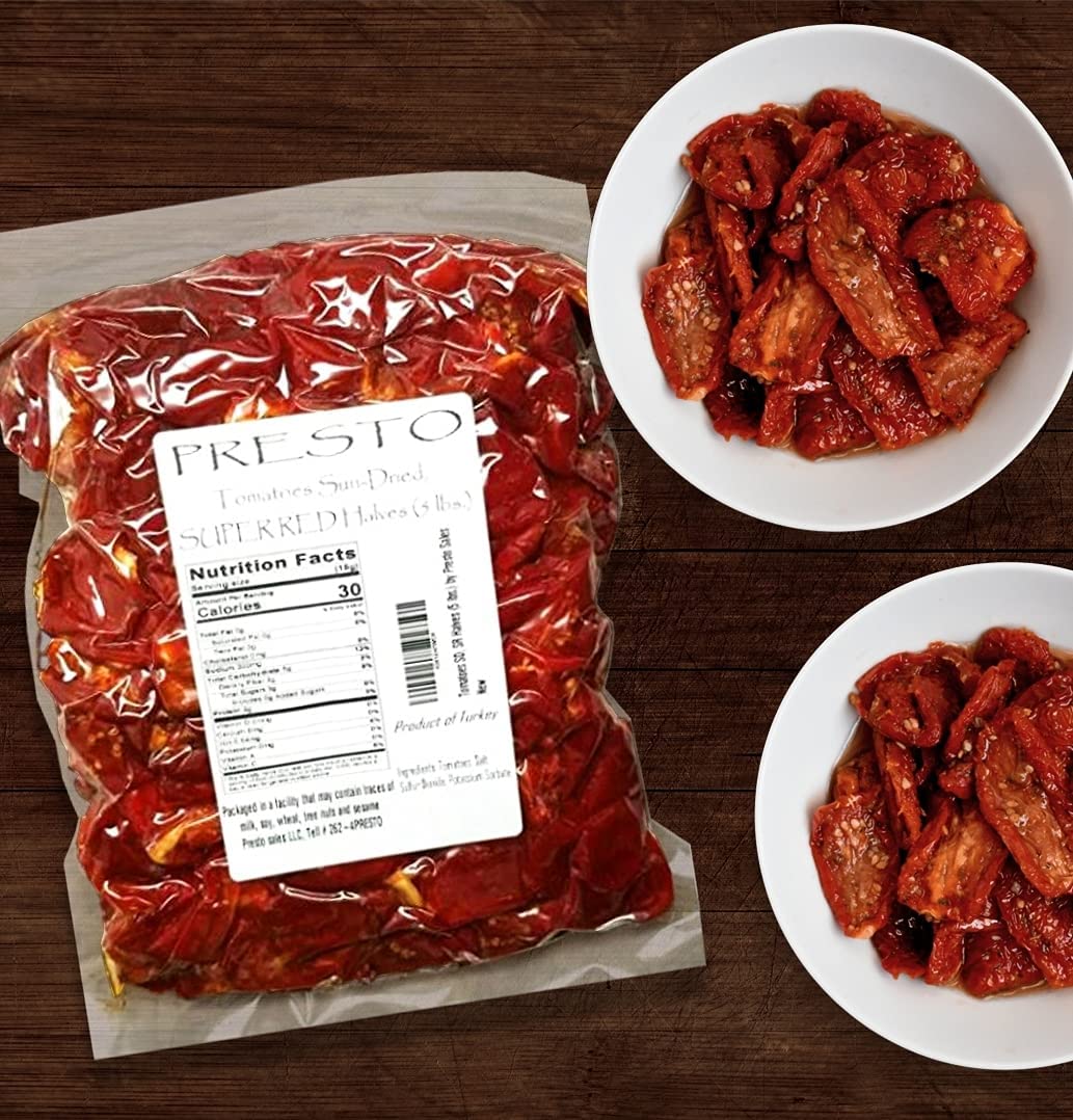 Tomatoes Sun-Dried, SUPER RED Halves, Ready to Eat Vegetables | Produced from fresh field-grown tomatoes, cut into halves | Nutrient Full, Delightful, Flavorful, Vegan, Pure | Turkish, 5 lbs. (80 oz.) Vacuum packed by Presto Sales LLC