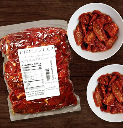 Tomatoes Sun-Dried, SUPER RED Halves, Ready to Eat Vegetables | Produced from fresh field-grown tomatoes, cut into halves | Nutrient Full, Delightful, Flavorful, Vegan, Pure | Turkish, 5 lbs. (80 oz.) Vacuum packed by Presto Sales LLC