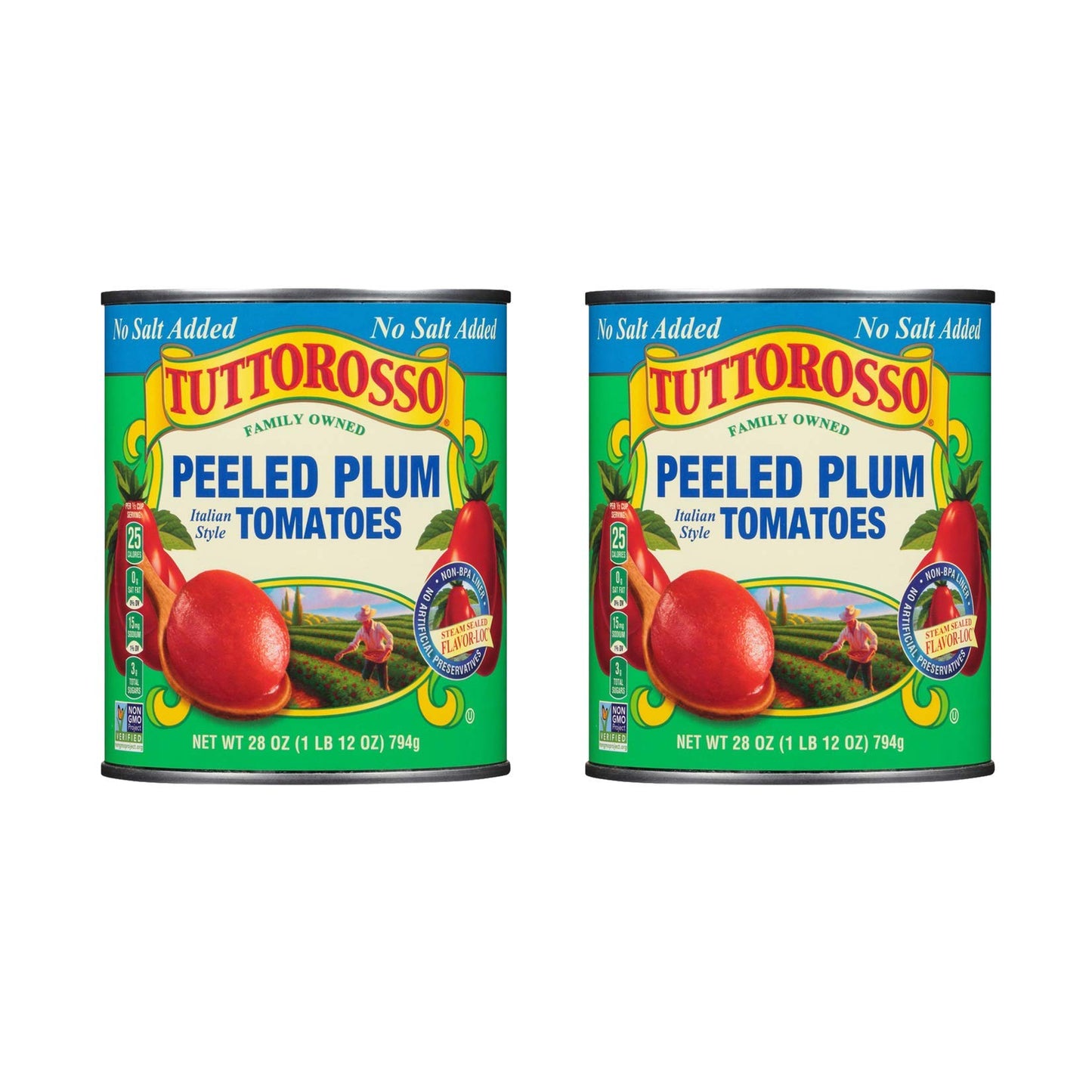 Tuttorosso No Salt Added Peeled Plum Canned Tomatoes, 28oz Cans (Pack of 2)