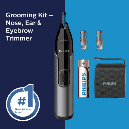 Philips Nose Trimmer Nt3650/16, Nose, Ear & Eyebrow Trimmer with Protective Guard System, Fully Washable, Including AA Battery, 2 Eyebrow Combs, Pouch (Gray)