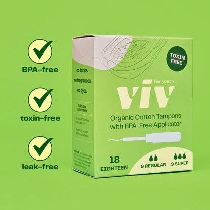 Viv for Your V Organic Cotton Tampons Regular, BPA-Free Applicator, Non-Toxic Tampons, Fragrance Free, HSA FSA Approved, 18 Count