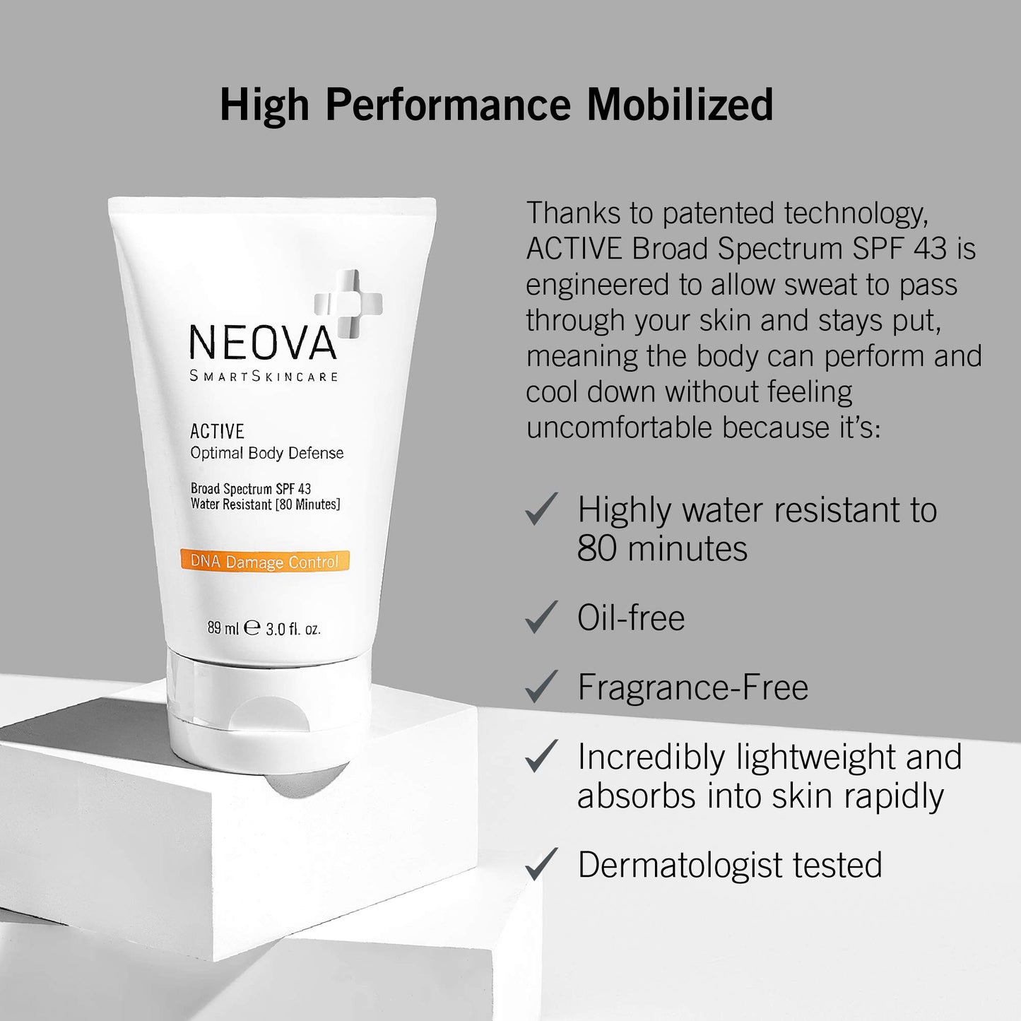 NEOVA SmartSkincare Active Sunscreen for Body 3 fl. Oz. | Broad Spectrum SPF 43 | Zinc & Octinoxate | Water Resistant up to 80 Min