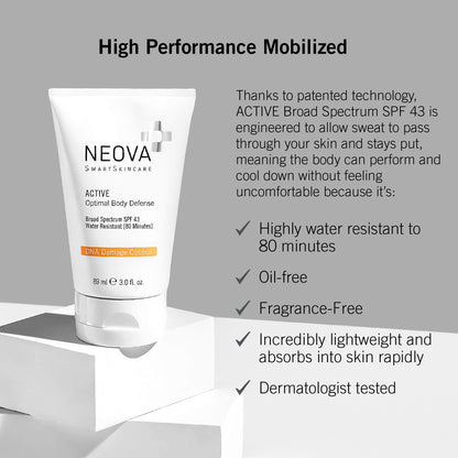 NEOVA SmartSkincare Active Sunscreen for Body 3 fl. Oz. | Broad Spectrum SPF 43 | Zinc & Octinoxate | Water Resistant up to 80 Min