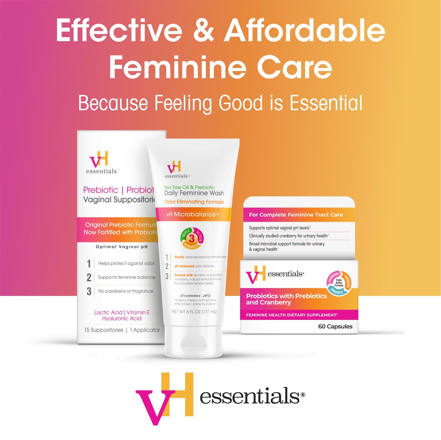 vH Essentials Daily Feminine Wash - 6 Fl Oz - Fragrance-Free, Odor Eliminating Body & Vaginal Wash with Tea Tree Oil, Prebiotics and Lactic Acid for pH Balance, Odor Defense and Vaginal Health