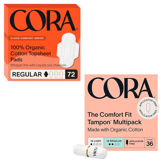 Cora Organic Feminine Care | Regular Pads with Wings and Non-Applicator Tampon Pack | Ultra-Absorbent, Unscented, Natural, Non-Toxic | 72 Regular Pads and 36L/R Tampons | Bundle Pack