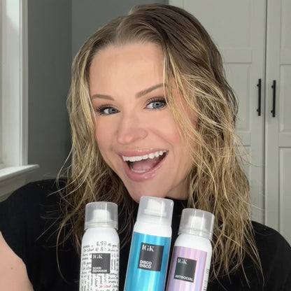IGK Must Have Travel Kit Holiday 2025 – Includes GOOD BEHAVIOR Smoothing Spray, DISCO DISCO Shine Spray & ANTISOCIAL Dry Hair Mask – TSA Approved Travel Size Hair Essentials