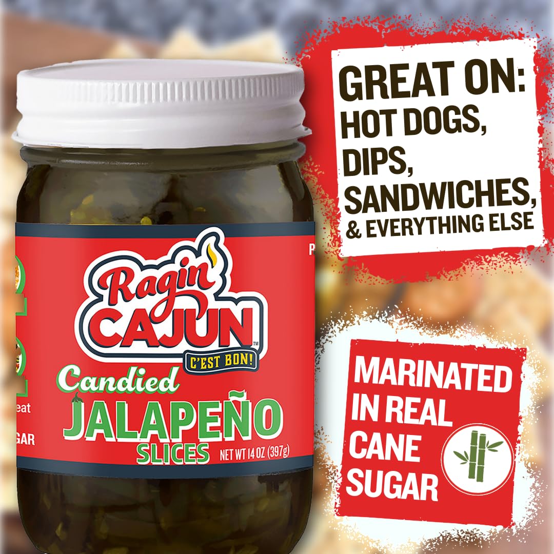Ragin' Cajun Candied Jalapeño Slices - 14 fl oz Jar, All Natural - Sweet Spicy Louisiana Condiment for Nachos, Burgers & Sandwiches