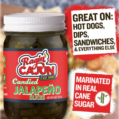 Ragin' Cajun Candied Jalapeño Slices - 14 fl oz Jar, All Natural - Sweet Spicy Louisiana Condiment for Nachos, Burgers & Sandwiches