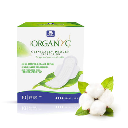 Organyc 100% Certified Organic Cotton Sanitary Napkin, Heavy Flow + Moderate Flow Feminine Pads, 10 Count