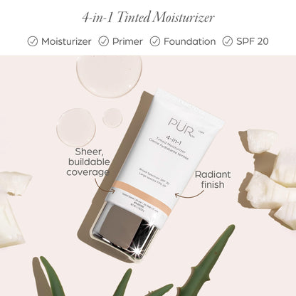 PÜR MINERALS 4-in-1 Tinted Moisturizer With SPF 20 - Hydrating Face Moisturizer, Primer, & Foundation With Shea Butter, Aloe Vera & Vitamin B3 - Vegan Friendly - Free of Paraben, Gluten & BPA