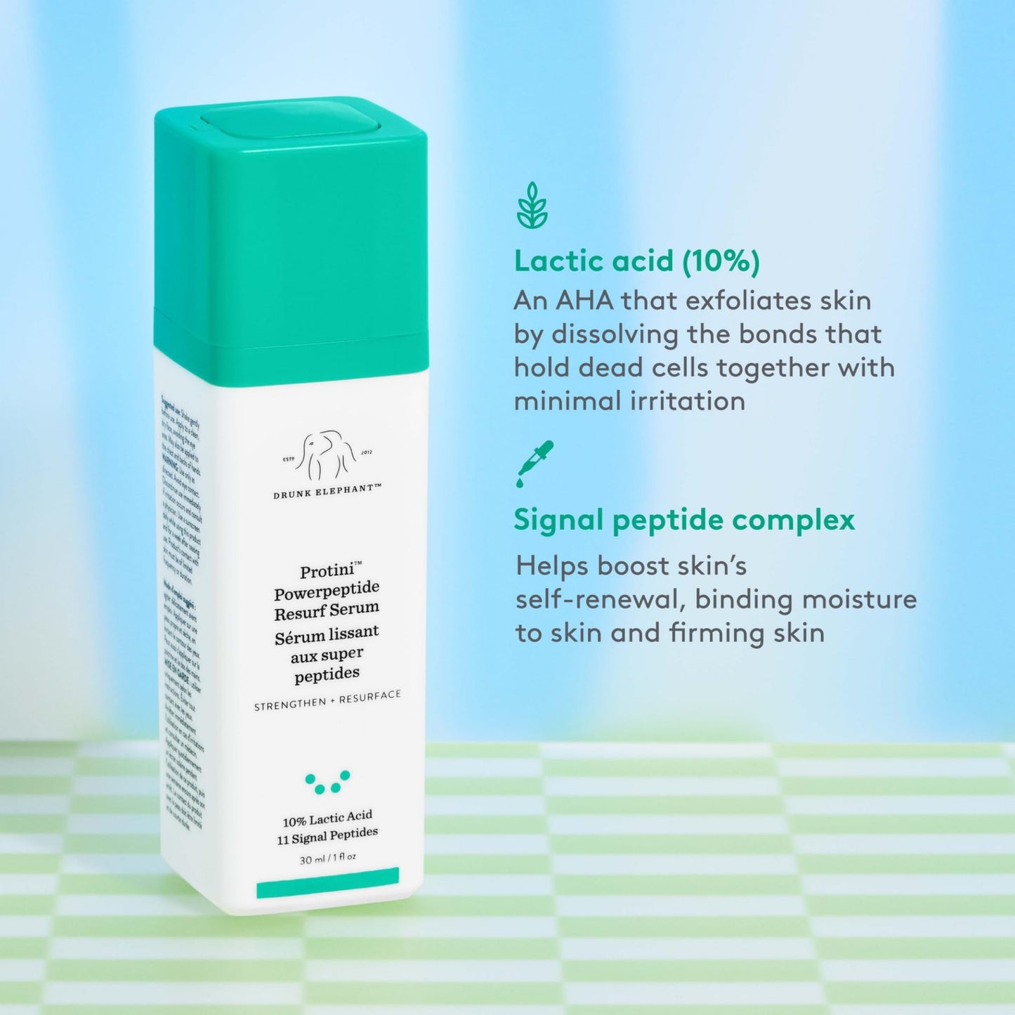 Drunk Elephant Protini Powerpeptide Resurf Serum - 30 ml/1 fl oz - Exfoliating Lactic Acid AHA Serum - Clean Clinical Skincare - Cruelty-Free - Free of Essential Oils, Silicones, and Fragrance