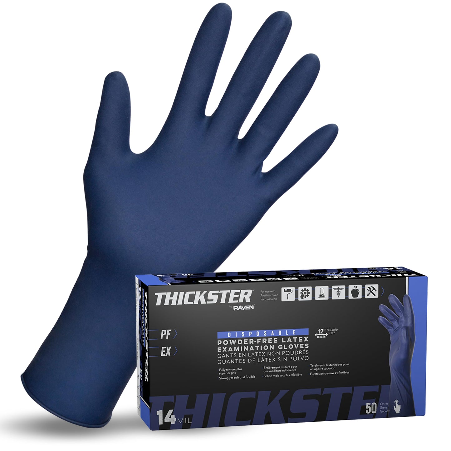 SAS Thickster Powder-Free Exam Grade Latex Disposable Gloves - 10 Boxes / 50 Ea. 500 Gloves Total. 14 Mil, Large, Blue. Fully Textured. 12" Length. Disposable Gloves. Puncture Resistant (6603-20)