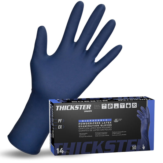 SAS Thickster Powder-Free Exam Grade Latex Disposable Gloves - 10 Boxes / 50 Ea. 500 Gloves Total. 14 Mil, Large, Blue. Fully Textured. 12" Length. Disposable Gloves. Puncture Resistant (6603-20)