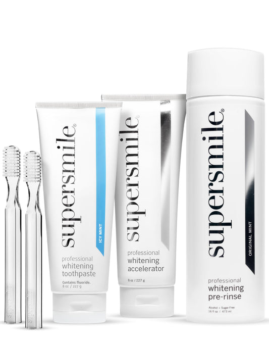 Supersmile ICY Mint whitening kit - Professional whitening Toothpaste, Accelerator & pre-Rinse, Two 45°-Angled Brushes - Whitens 6 Shades in 5 Days