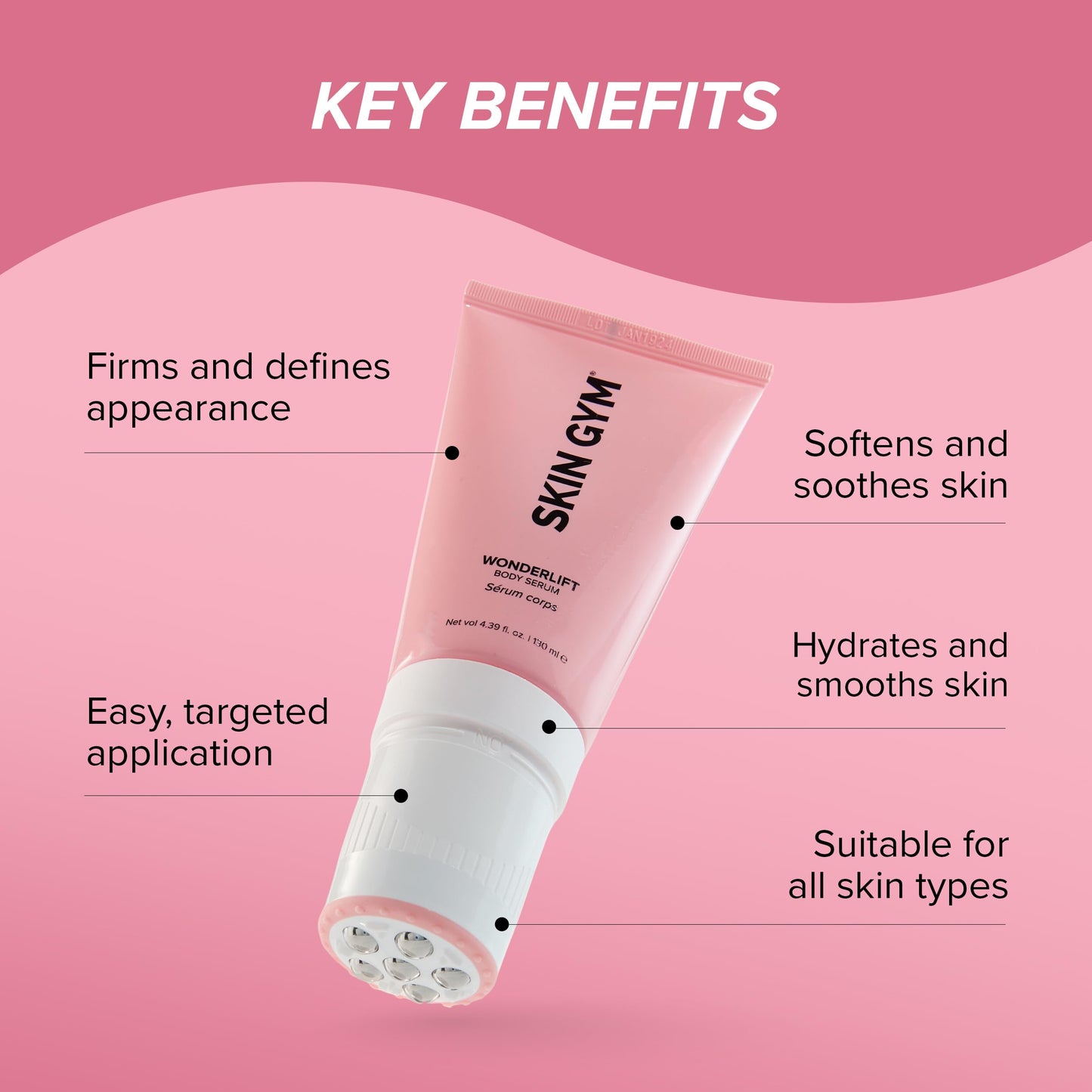 Skin Gym WonderLift Body Serum with Roller Applicator, Firming and Sculpting Treatment with Caffeine and Niacinamide, 7 fl oz