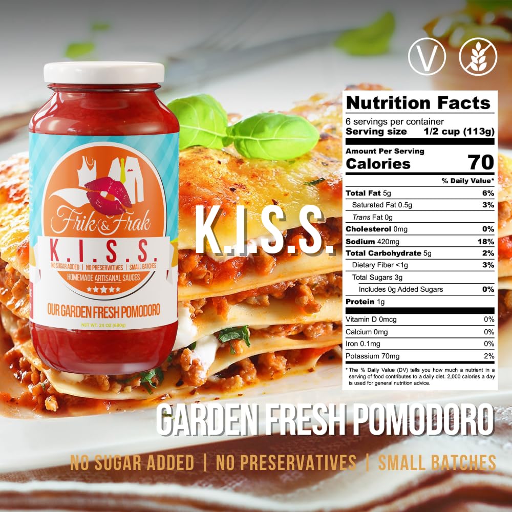 San Marzano Tomato Pasta Sauce by Frik & Frak, 6-Pack, No Sugar Added, No Preservatives, Gluten Free, 36 Month Shelf Life, Artisan Small Batch Crafted Pasta Sauces, K.I.S.S. Sauce, 24 Oz Jars
