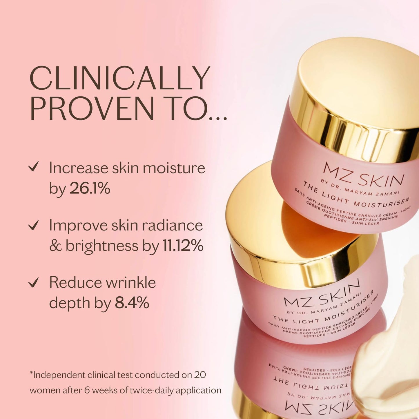 MZ SKIN The Light Moisturiser 1.69 fl oz | Hydrating Anti-Aging Face Cream with Hyaluronic Acid, Bio-Identical Collagen & Peptides | Oil-Free Feel, Firms & Brightens