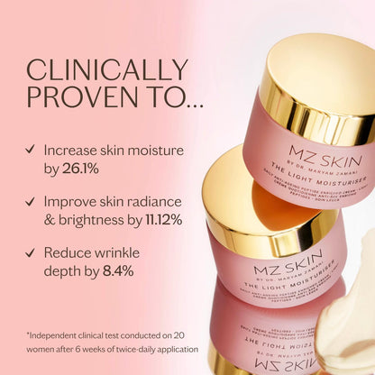 MZ SKIN The Light Moisturiser 1.69 fl oz | Hydrating Anti-Aging Face Cream with Hyaluronic Acid, Bio-Identical Collagen & Peptides | Oil-Free Feel, Firms & Brightens