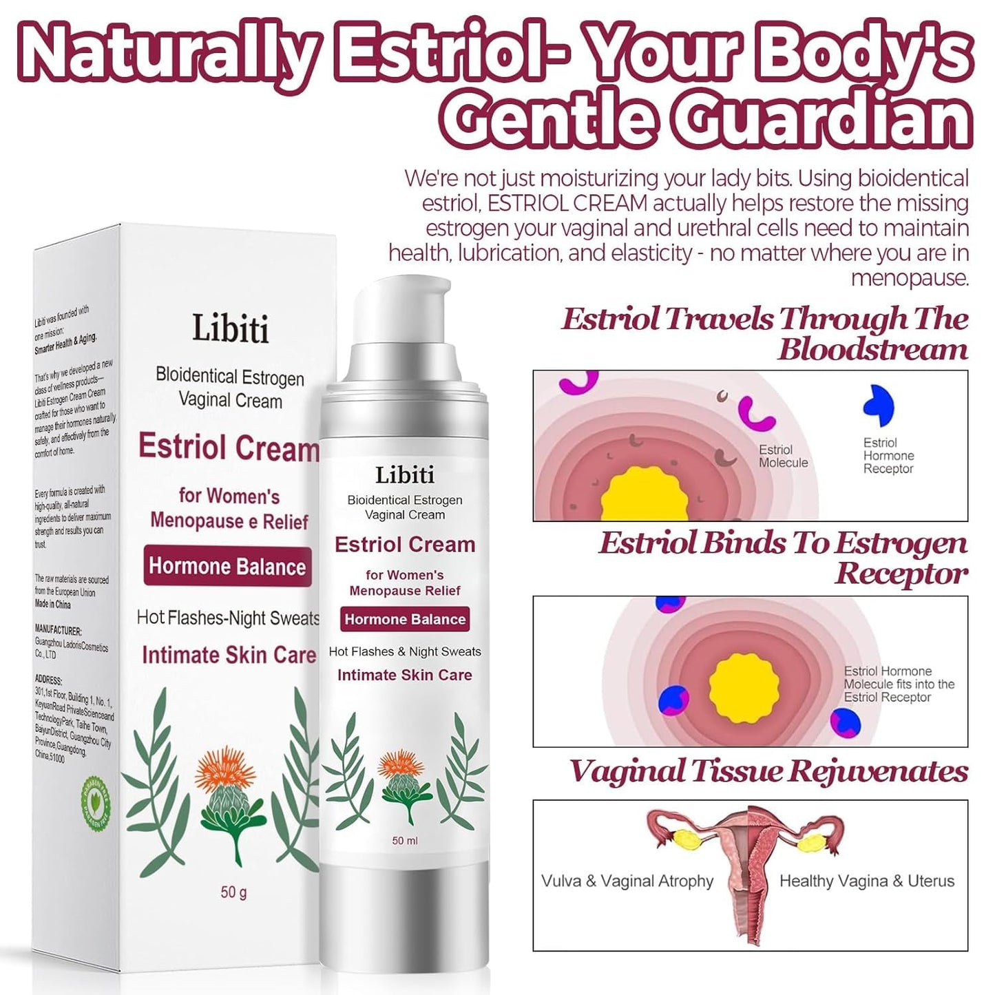 Estriol Cream for Women, Silky Peach Vaginal Estrogen Cream, Menopause Relief: Hormone Balance, Treat Night Sweats, Hot Flashes, and Care for Intimate Skin, 50g