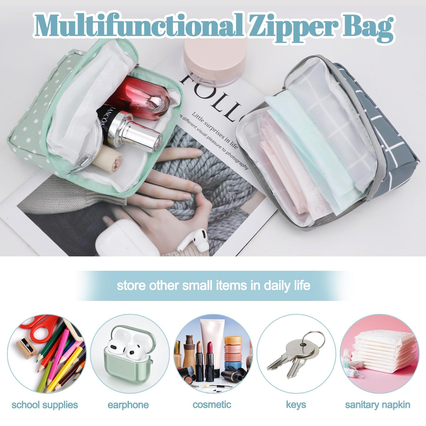 RETON 5 Pcs Sanitary Napkin Storage Bag, Portable Period Bag Period Pouch for Panty Liners Tampons Sanitary Pads, Menstrual Pad Bag Feminine Menstruation First Period Bags for Young Girls Women