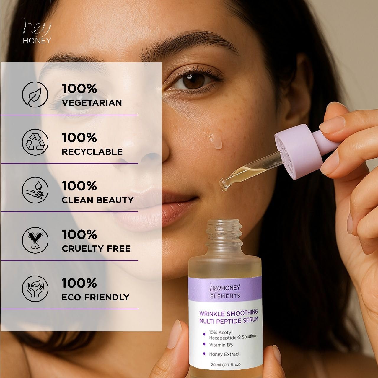 Hey Honey Wrinkle-Smoothing Multi-Peptide Serum | 10% Acetyl Hexapeptide-8 + Honey Extract & Vitamin B5, Visibly Reduce Fine Lines & Expression Wrinkles | 0.67 fl oz (20 mL)