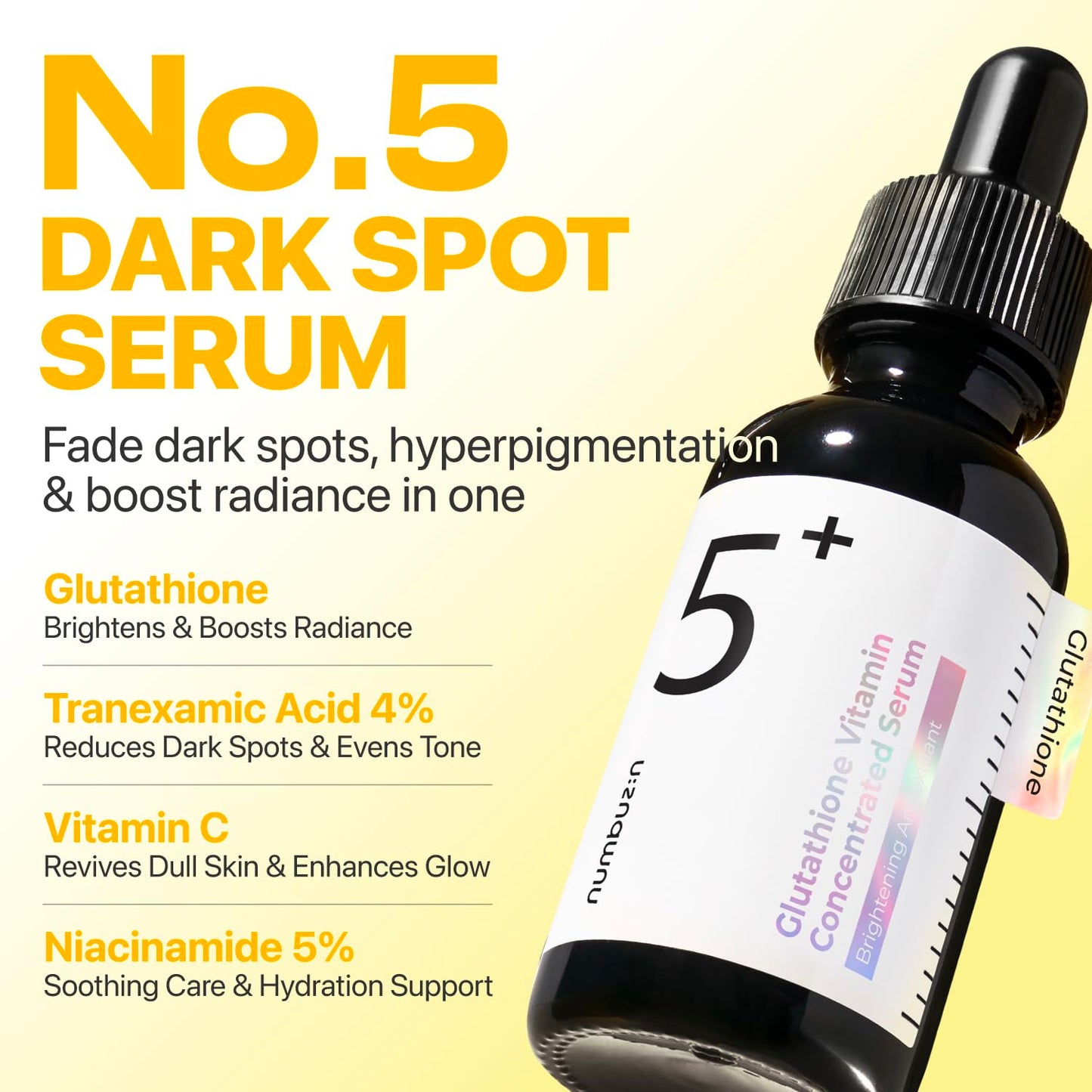 numbuzin No.5 Vitamin Concentrated Serum, Dark Spot Care, Glutathione & Vitamin Serum, Korean Skincare, Tranexamic Acid 4%, Niacinamide 5%, for a Radiant-Looking Glow 1.01 fl oz