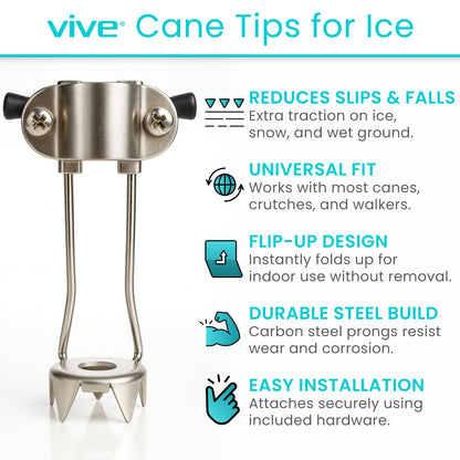 Vive Cane Tips for Ice - All Terrain Heavy Duty (2 Pack) Metal Retractable 4-Prong Hiking Attachment - Replacement Grip for Walking Sticks, Trekking Pole, Crutches, Tip Points for Winter Snow Safety