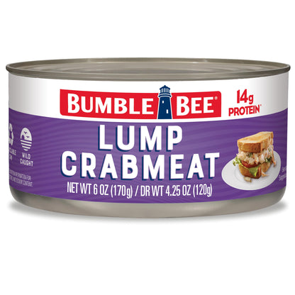Bumble Bee Lump Crab Meat, 6 oz Can - 14g Protein & 1g Carb Per Serving - Wild Caught, Small Chunks, Drain Before Use - Packaging May Vary
