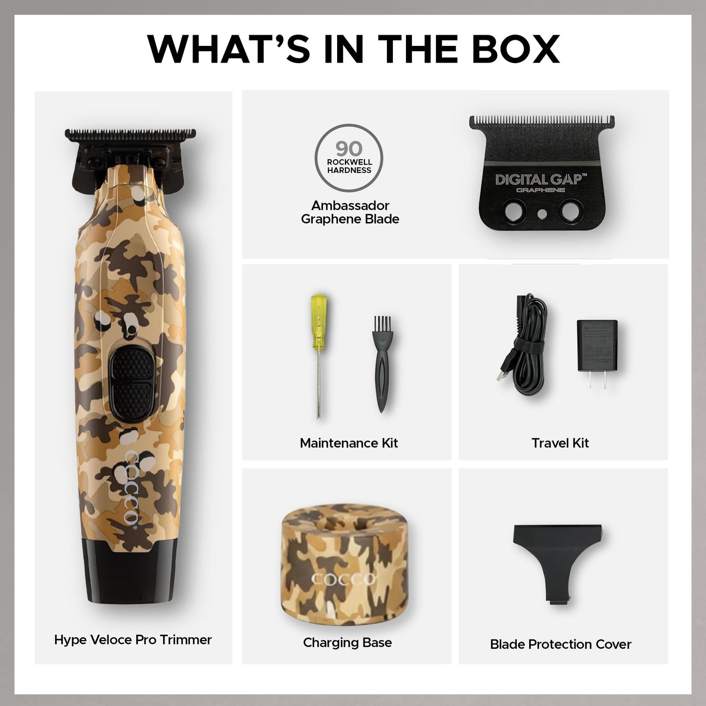 Cocco Hyper Veloce Pro Trimmer, Digital Gap Graphene Blade Edger, High-Torque Brushless BLDC Motor, Cordless, All-Metal Design, Lithium-Ion Battery, Charging Base Included (Camo)