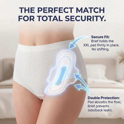 Postpartum Recovery Bundle — 420mm XXL Overnight Pads (28ct) + Disposable Briefs Pad Holder | 17x Drier Than Organic Cotton, pH 4.5 Balanced, Plant-Based C-Section & Heavy Flow Kit, Unscented