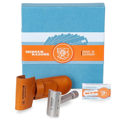 MERKUR Stainless Steel Safety Razor Set 34 INOX |Includes Premium Safety Razor, Leather Case and 10 x Platinum Blades | Satin Matt | Closed Comb | Ideal for Wet Shaving | Made in Germany