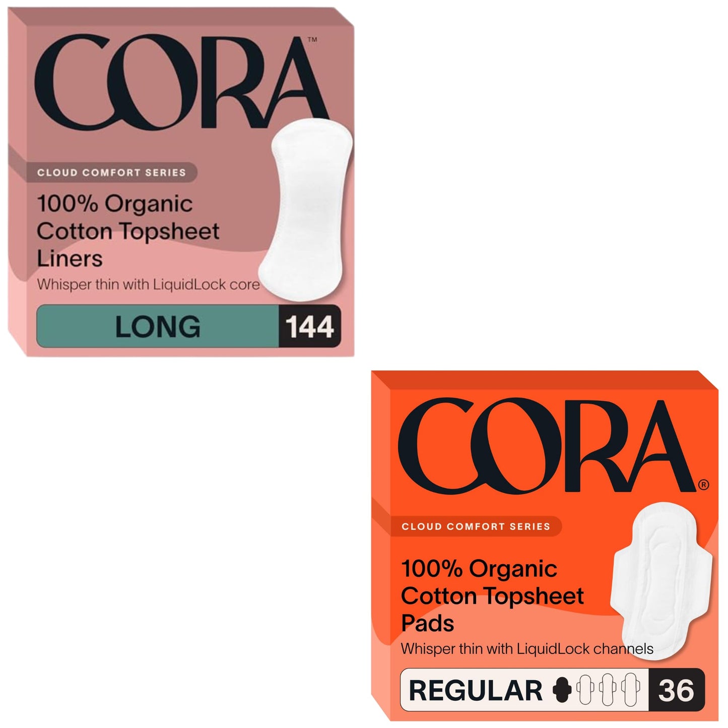 Cora Organic Feminine Care | 144 Long No Wings Liners and 36 Regular Pads | Ultra-Absorbent, Unscented, Natural, Non-Toxic | Bundle Pack