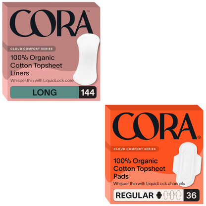 Cora Organic Feminine Care | 144 Long No Wings Liners and 36 Regular Pads | Ultra-Absorbent, Unscented, Natural, Non-Toxic | Bundle Pack