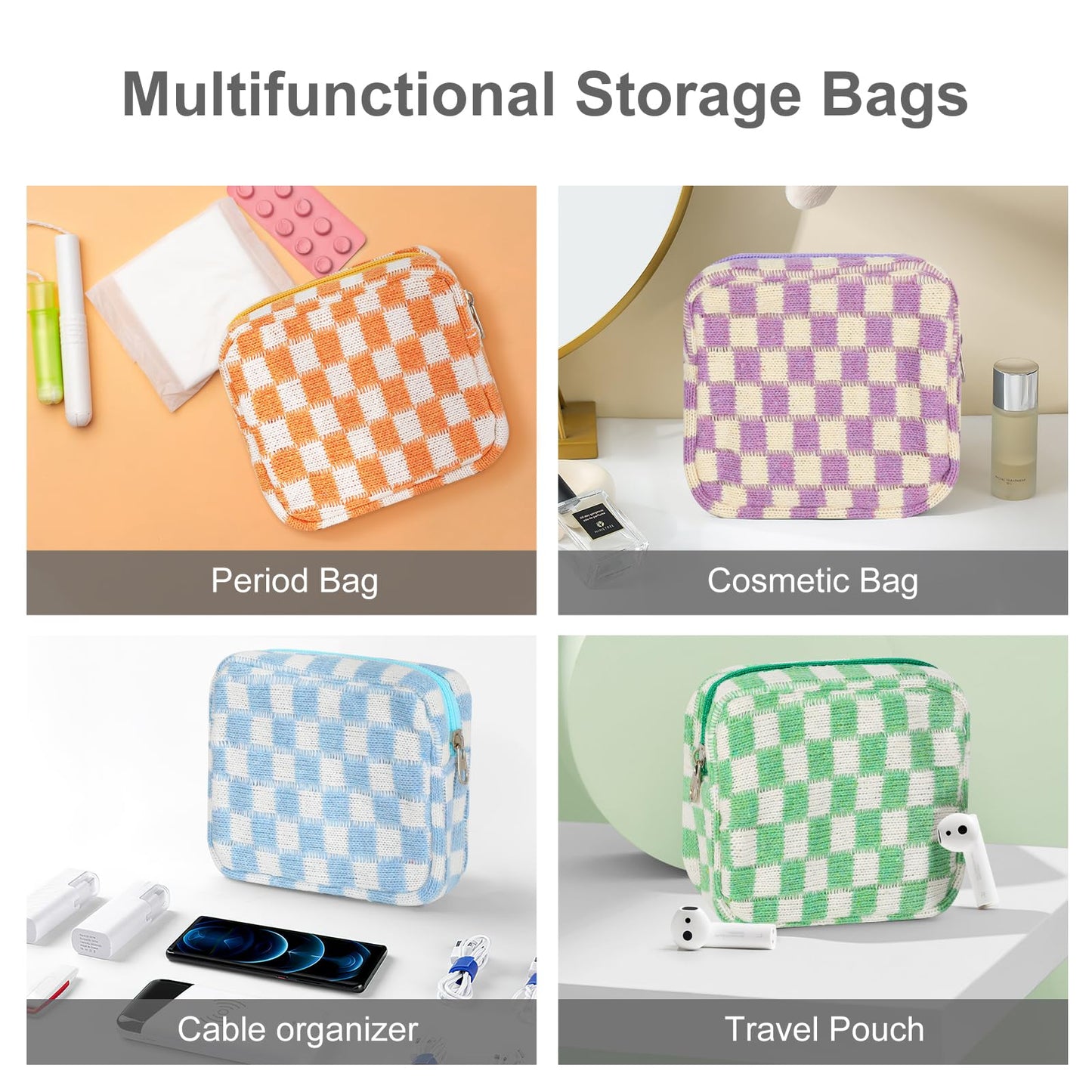 Sanitary Napkin Storage Bag, Menstrual Pad Zipper Bag Checkered Portable Period Bag Panty Liners, Tampon Storage Pouch for Women Ladies Daily Use Storage Purse Travel