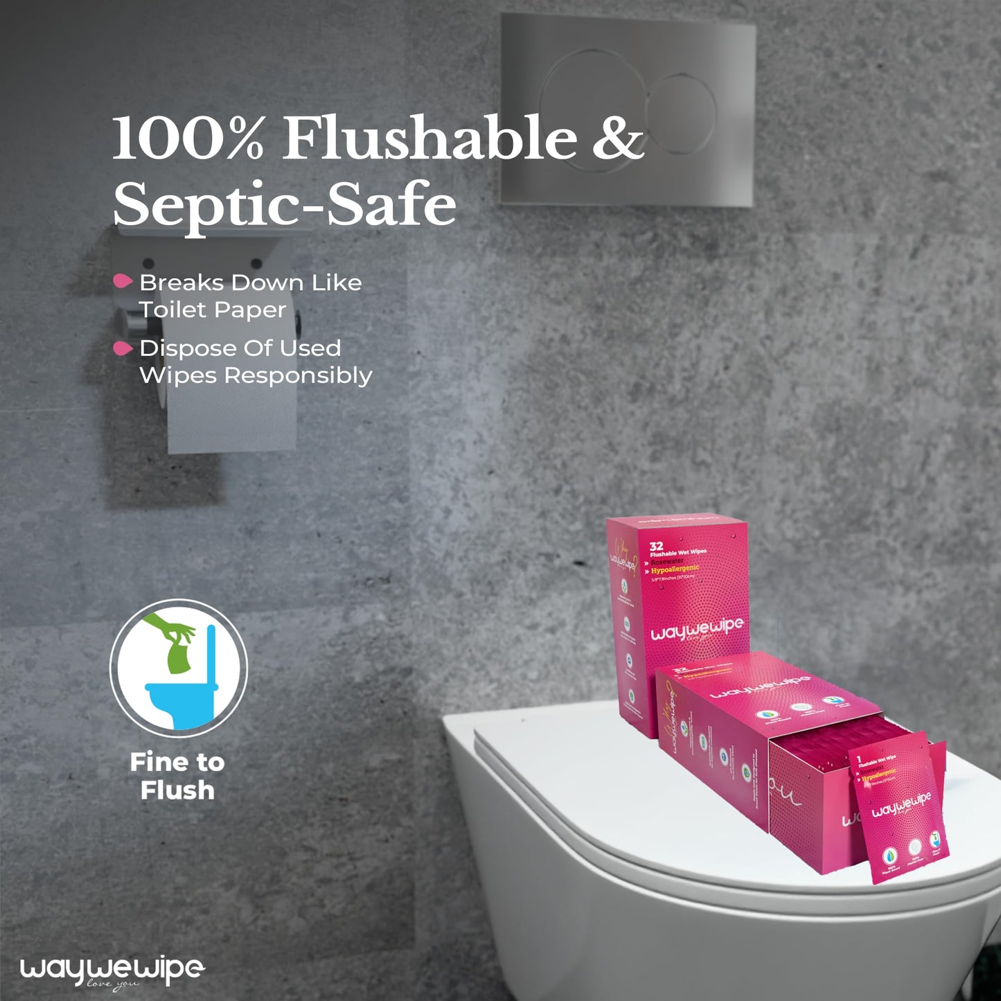 On-The-Go Flushable Feminine Wet Wipes, 32 Count XL Individually Wrapped Female Wipes, Hypoallergenic 100% Plant Based Septic Safe, Travel Size Adult Cleansing Cloth for Women, Rosewater