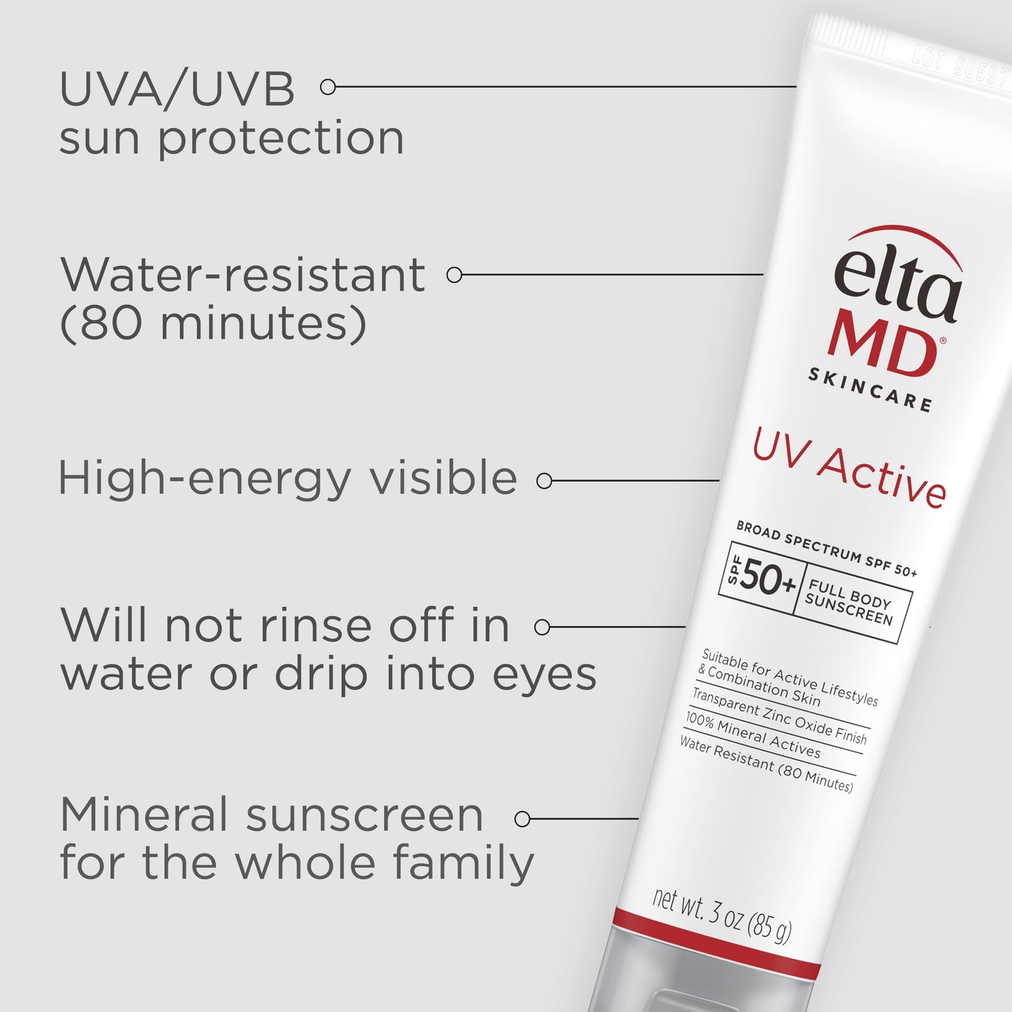 EltaMD UV Active Mineral Sunscreen with Zinc Oxide, SPF 50+, Water Resistant Sunscreen Up to 80 Minutes, 3.0 oz Tube