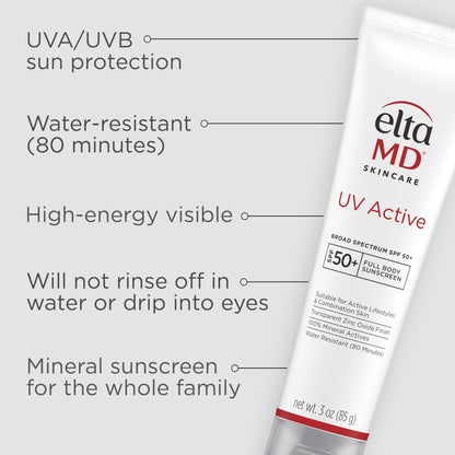 EltaMD UV Active Mineral Sunscreen with Zinc Oxide, SPF 50+, Water Resistant Sunscreen Up to 80 Minutes, 3.0 oz Tube