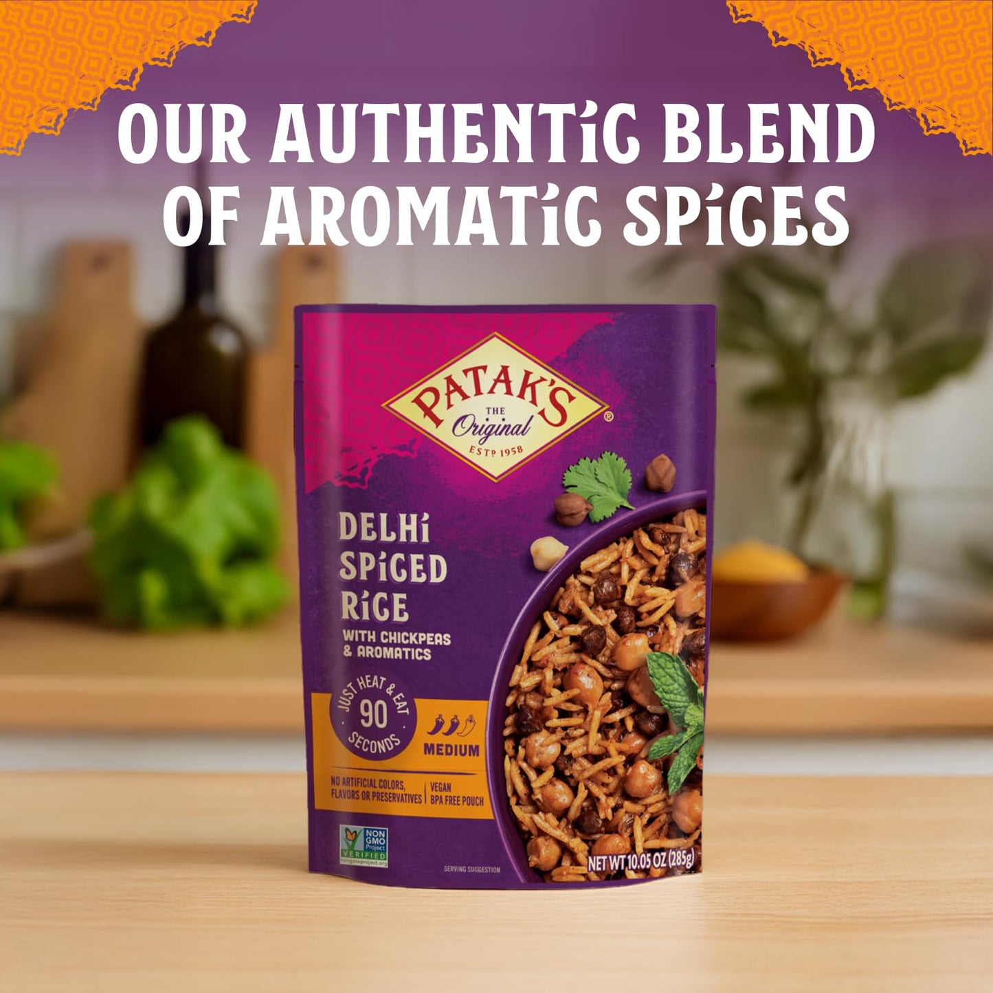 Patak's Delhi Spiced Rice, Fragrant Basmati with Chickpeas, Onion & Tomato, Kosher, Vegan Microwavable Meal Ready in 90 Seconds, For Quick Lunch or Dinner, 10.05 oz, 3-Pack